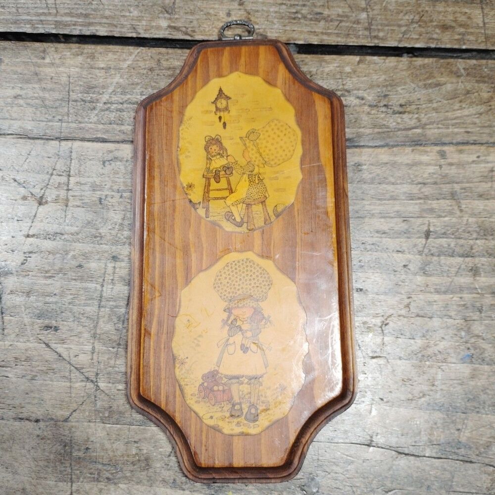 Vintage 1970s Holly Hobbie Style Decoupage Wood Wall Plaque Girl Hanging Decor